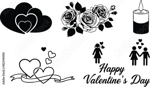 Valentine’s Day romantic hearts bouquet of roses candle and couple love celebration vector illustration 