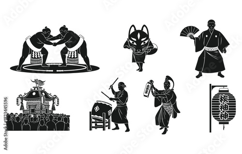 Japanese festival traditional culture symbols set with sumo wrestlers, fox mask, taiko drummer and lantern in silhouette style