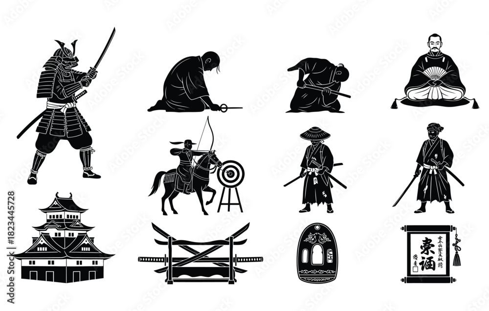 Obraz premium Traditional japanese samurai warrior culture symbols set with swordsman, archer, swords and shield in black silhouette style