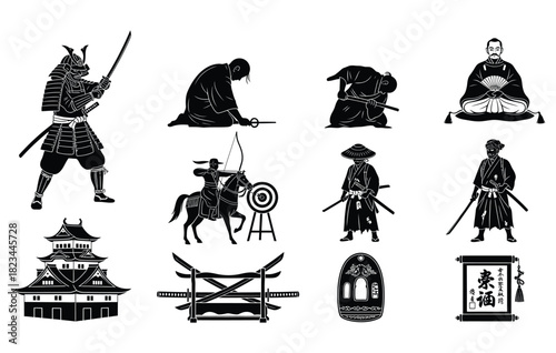 Traditional japanese samurai warrior culture symbols set with swordsman, archer, swords and shield in black silhouette style