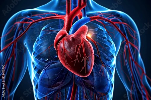 Realistic 3D render of human heart and cardiovascular system with vivid details.
