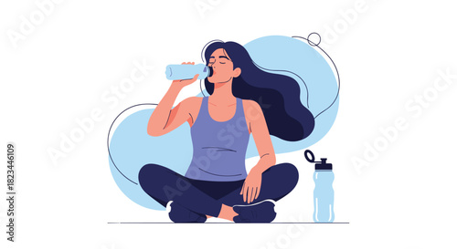 Young woman practicing self-care, sitting in athletic wear and drinking water from a reusable bottle to stay hydrated and healthy.