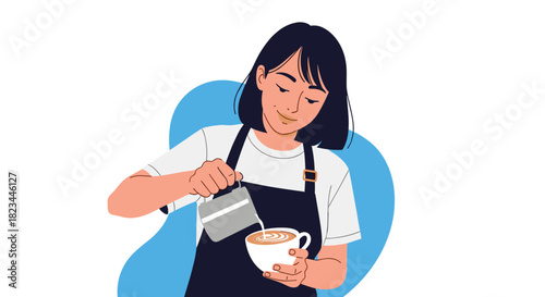 A skilled barista expertly pours steamed milk into a coffee cup, creating beautiful latte art for a perfect beverage.