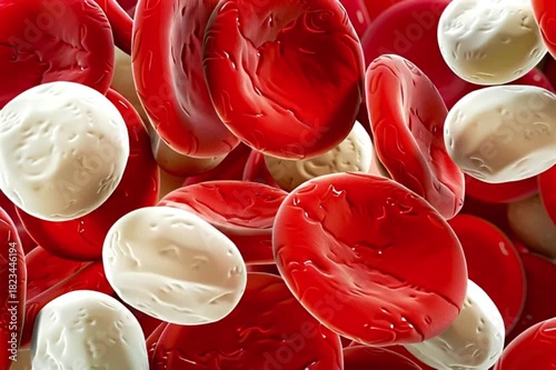 Red blood cells surrounding a single white blood cell under microscope view.