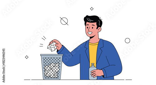 A happy man responsibly throws crumpled paper into a trash can, holding a bottle, symbolizing cleanliness or a fresh start.