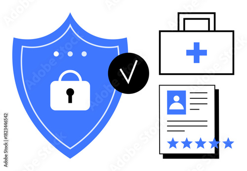 Shield with lock and verified checkmark, medical briefcase, and user profile with rating stars conveying data security, identity protection, trust, compliance, and reliability. Ideal