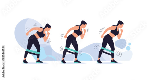 Woman performing resistance band side steps for leg and glute workout, demonstrating movement progression across three frames.