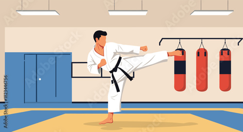 Young man in a karate uniform with a black belt executes a dynamic high kick during a training session in a dojo.