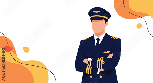 A confident male pilot in a dark blue uniform with captain's epaulets and hat stands with arms crossed, set against a vibrant abstract background.