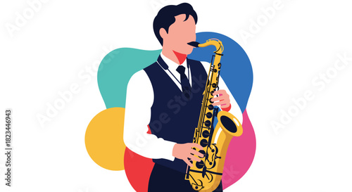 A stylish male musician in a vest and tie plays a golden saxophone against a vibrant, abstract background, illustrating a jazz performance or music concert.