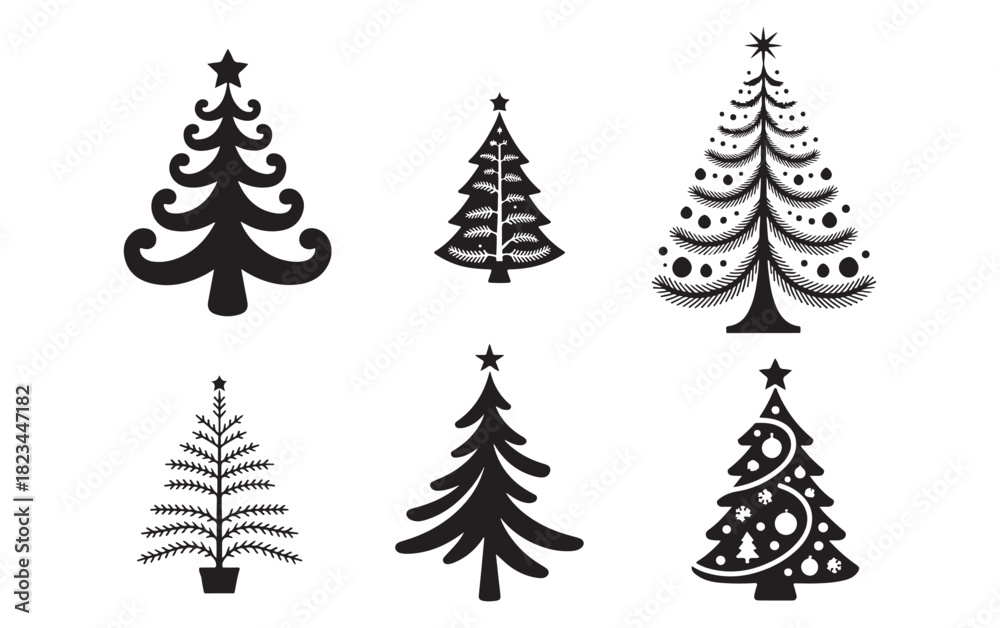 Obraz premium Christmas Tree Silhouette Vector Set, Festive Holiday Decoration Icons.