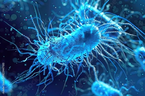 Glowing bacteria under blue light seen through electron microscope lens