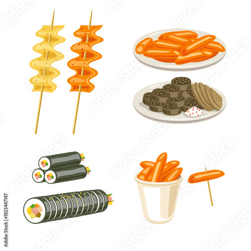 한국의 분식 길거리음식 세트 떡볶이 순대