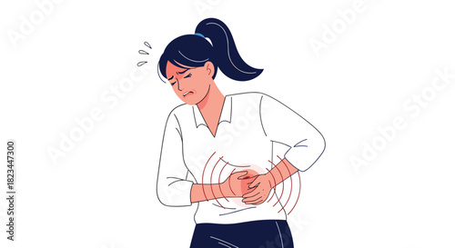 A distressed young woman clutches her stomach with both hands, indicating severe abdominal pain or cramps, possibly due to illness or menstrual discomfort.