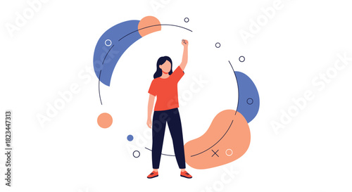 Illustrated confident woman with her arm raised, symbolizing success, leadership, or a call to action against a modern background.