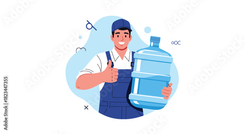 A happy water delivery man in a cap and overalls smiles, gives a thumbs-up, and holds a large bottled water, symbolizing excellent service.