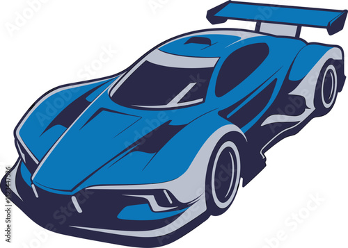 Blue and grey racing sports car with spoiler Keywords: car, sports, racing, speed, automobile
