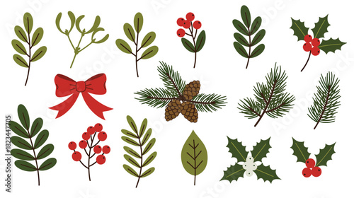 assortment of festive christmas botanical elements and red bow