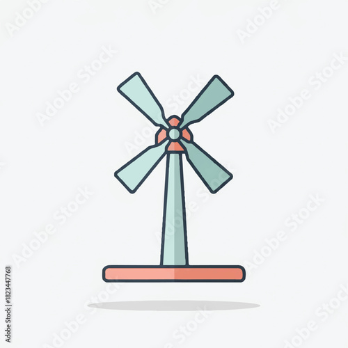 A cartoonish stylized wind turbine with four blades and a tower