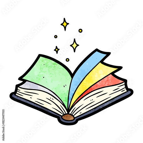 Magical open storybook with colorful pages and sparkles illustration.
