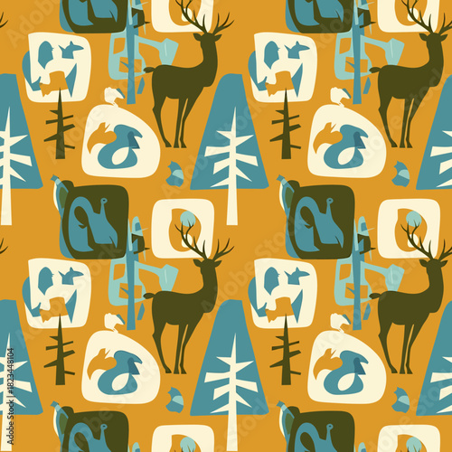 Midcentury modern seamless pattern with deer and abstract trees on a mustard yellow background.