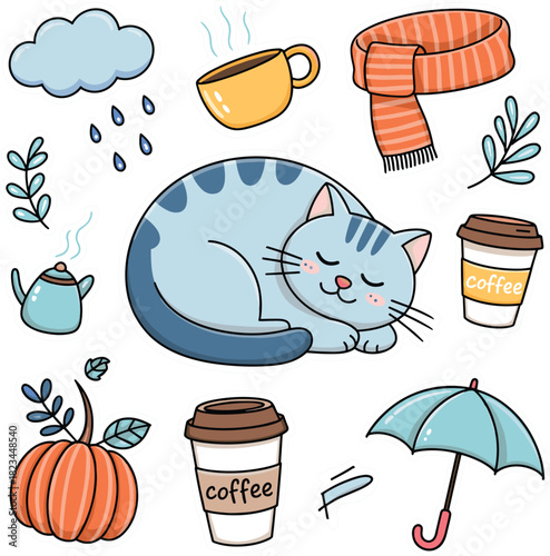 Cute cartoon cat sleeping with autumn elements and coffee Keywords: cat, sleeping, cute, cartoon