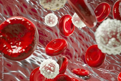 High magnification image showing red and white blood cells in vivid microscopic detail.
