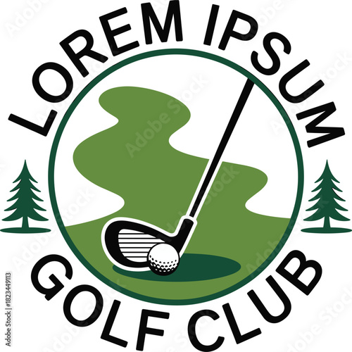 Golf club and ball logo with trees and text Lorem Ipsum Golf Club sport recreation