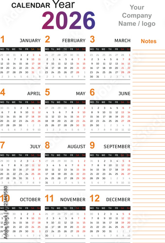 Calendar - planner 2026 print ready CMYK color 12 x 18 inches standard size re-sizeable Monday start calendar for year 2026 for your office home with notes