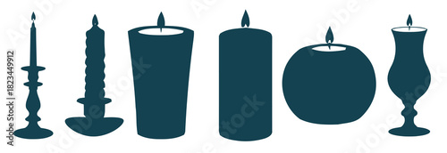 Collection of diverse candle silhouettes with burning flames on a white background