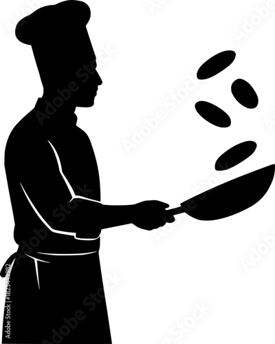 Chef Silhouette Flipping Pancakes in Pan, Cooking Vector, Black and White Minimalist