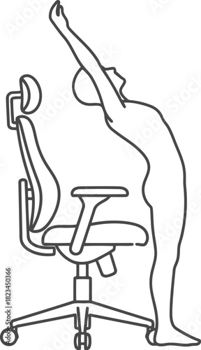 Single continuous line drawing of a young employee doing stretching exercise near office chair to relieve stress at work