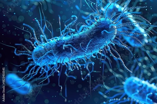 Glowing bacteria under blue light seen through electron microscope lens
