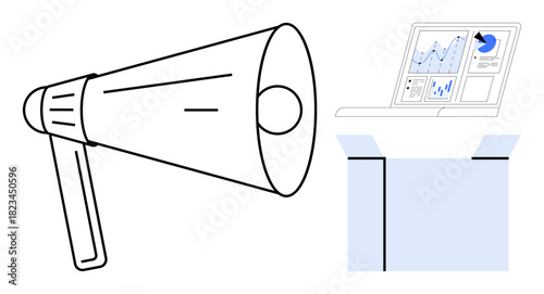 Megaphone emphasizing outreach alongside a laptop displaying analytics charts. Ideal for business, marketing, communication, analysis, strategy, technology, and online outreach. Simple flat metaphor