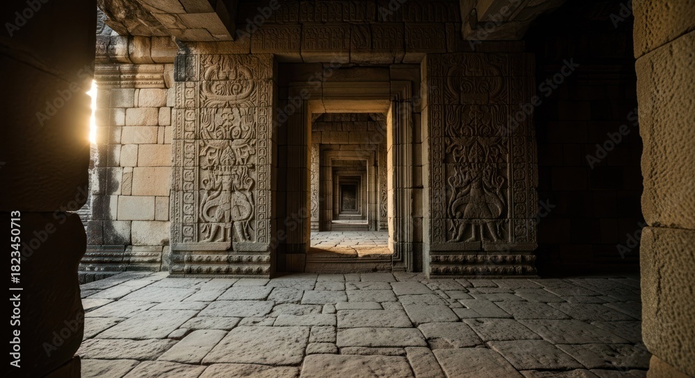 Obraz premium A long, sunlit ancient stone corridor with repetitive doorways and intricate carvings