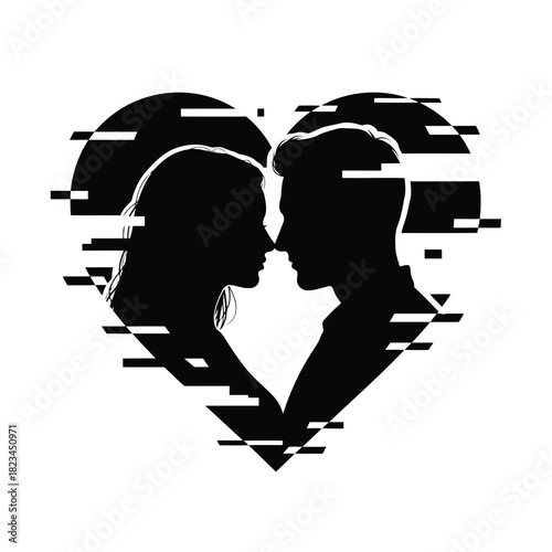 Black silhouette of couple kissing inside heart shape with glitch effect