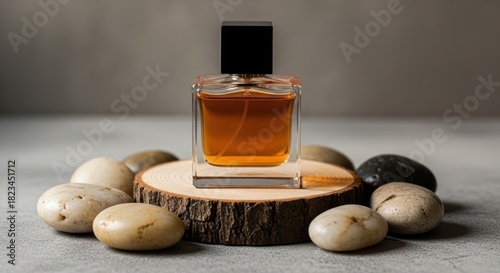 Amber liquid in sleek bottle on wood slice with smooth stones, grey background