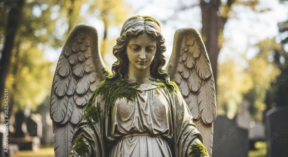 Obraz premium Ancient stone angel statue with mossy shoulders, looking pensive in a peaceful cemetery