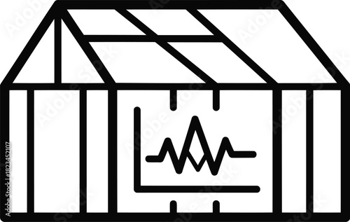 Line icon of a smart greenhouse, showing a structure with an internal data graph, symbolizing environmental monitoring, technological agriculture, and sustainable growth