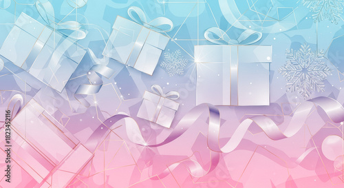 Festive Background with Gifts, Ribbons, and Snowflakes: A Holiday Celebration Concept in Pastel Tones