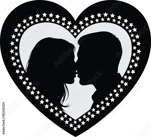 Silhouette of couple kissing inside a heart with stars