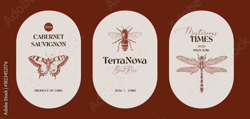 Wine labels with hand drawn insect illustrations