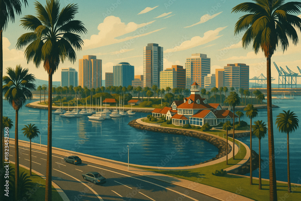 Obraz premium A vibrant illustration depicting a scenic long beach cityscape