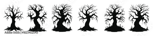 Set of Spooky haunted trees with ominous faces and creepy roots isolated on a white background. Concept of Halloween, horror, haunted forest, evil nature. Print, art, illustration. Clip art