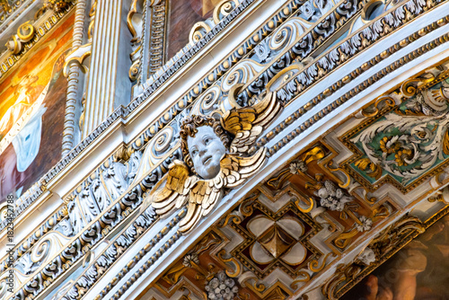 Fototapeta Naklejka Na Ścianę i Meble -  Tourists destination, baroque style elements in historical part of Bergamo city, Bergamo Alta with narrow streets, churces, old houses, fortress walls, Lombardy, Northern Italy