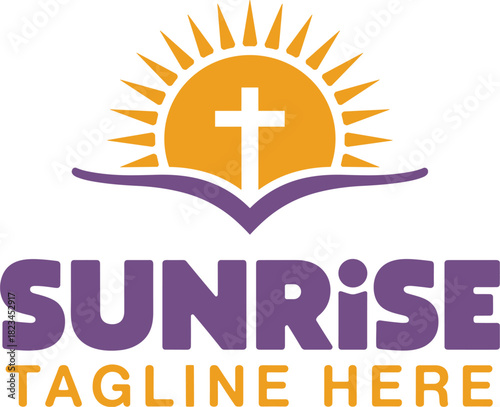 Sunrise Logo with Open Book, Cross, Sun Rays and Placeholder Text vector illustration