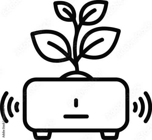 Line art icon of a smart plant pot with a growing seedling and wireless signals, symbolizing innovative indoor gardening, automated plant care, and iot technology