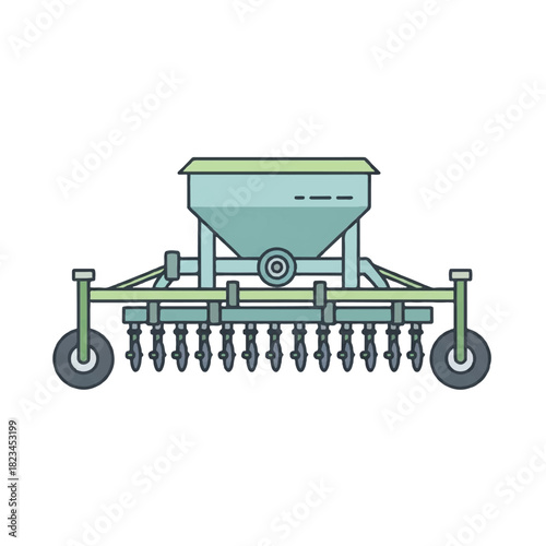 A flat illustration of a mechanical seeder with a hopper and multiple planters