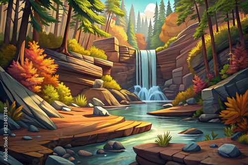 Porcupine Mountains Michigan Dense hardwood forest with small waterfalls, moss stones and cloudy lakeshore air