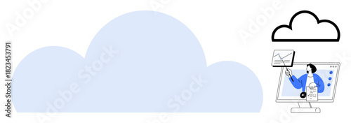 Cloud computing. Cloud computing with a large cloud, data visualization, and remote collaboration. Cloud computing supports business efficiency, teamwork, and secure information sharing. Usage